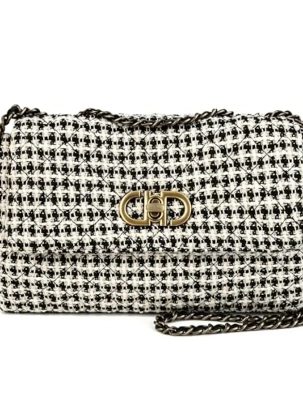 Tweed Quilted Crossbody Bag with Leather Chain, Evening Clutch for Weddings